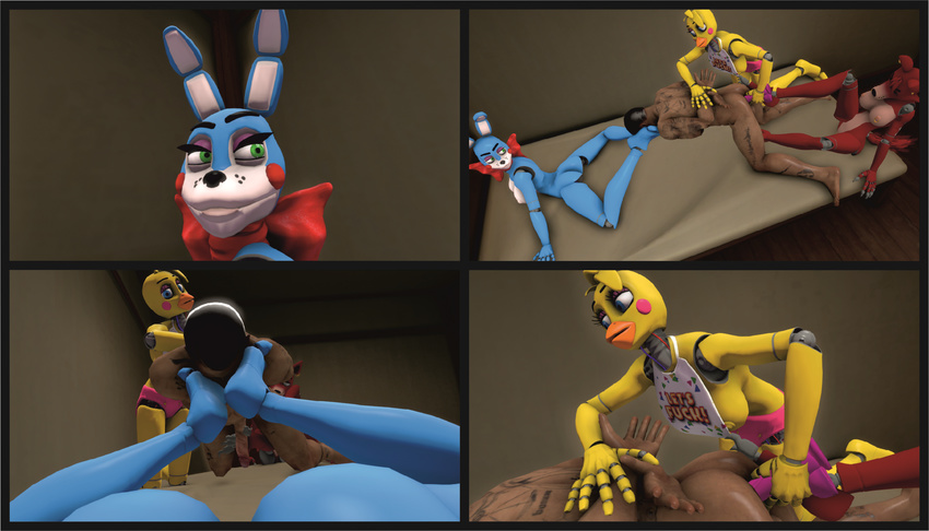 bdsm bondage bound claws domination feet five_nights_at_freddy five_nights_at_freddy's foot_fetish footjob foxy hawkvally mistress open_mouth paws slave sucking toes toy_bonnie toy_chica video_games