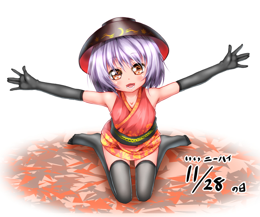 black_gloves black_legwear bowl bowl_hat elbow_gloves gloves hat japanese_clothes kimono obi ochakan outstretched_arms purple_hair sash seiza short_hair short_kimono sitting sleeveless sleeveless_kimono solo sukuna_shinmyoumaru thighhighs touhou yellow_eyes zettai_ryouiki