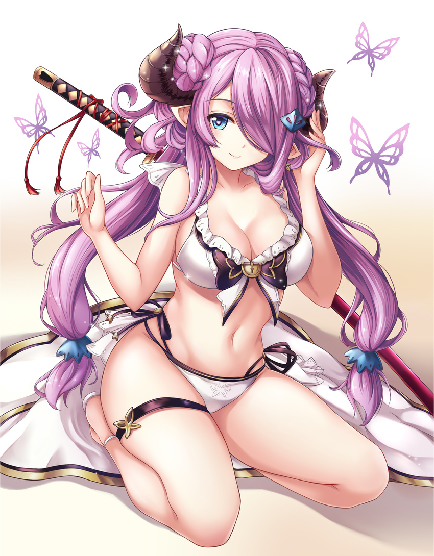 absurdres bad_revision bare_arms bare_shoulders bikini blue_eyes blush breasts bug butterfly cleavage closed_mouth collarbone commentary_request double_bun downscaled_revision draph full_body granblue_fantasy groin hair_ornament heart heart-shaped_pupils highres horns insect katana large_breasts lock long_hair looking_at_viewer low-tied_long_hair low_twintails md5_mismatch narmaya_(granblue_fantasy) navel padlock pointy_ears purple_hair sarong sarong_removed seiza sheath sheathed side-tie_bikini sidelocks sitting smile solo stomach swimsuit sword symbol-shaped_pupils taka-kun twintails weapon weapon_on_back white_bikini