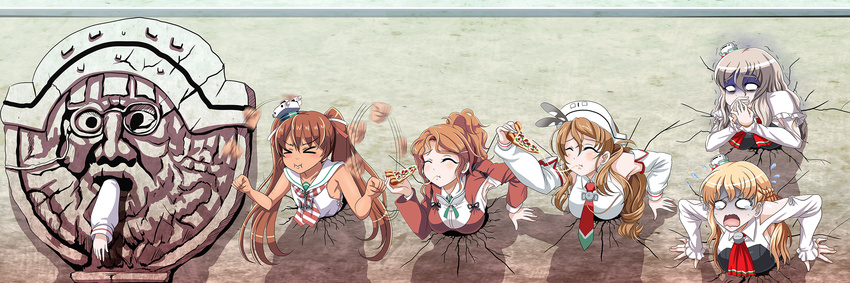 &gt;_&lt; :i ^_^ afterimage anchor aquila_(kantai_collection) armpits ascot bare_arms bare_shoulders blank_eyes blonde_hair bocca_della_verita braid breasts brown_hair capelet clenched_hands closed_eyes closed_mouth commentary_request covering_mouth crack cracked_wall cravat crying curly_hair detached_sleeves dress drunk eating eyelashes flying_sweatdrops food french_braid frilled_sleeves frills green_ribbon hair_ornament hair_ribbon hairclip hand_over_own_mouth hat headgear highres holding holding_pizza kabe_ni_hamatte_ugokenai! kantai_collection large_breasts libeccio_(kantai_collection) light_brown_hair littorio_(kantai_collection) long_hair long_sleeves looking_at_viewer mini_hat motion_blur motion_lines multiple_girls nausea neck_ribbon necktie open_mouth orange_hair own_hands_together pale_face parody pizza pola_(kantai_collection) ponytail pout red_neckwear ribbon roma_(kantai_collection) sailor_collar sailor_dress shaded_face shadow silver_hair sleeveless sparkle statue striped striped_neckwear stuck swinging tan tantrum tears through_wall tk8d32 trembling turn_pale twintails wall wavy_mouth white_hat zara_(kantai_collection)