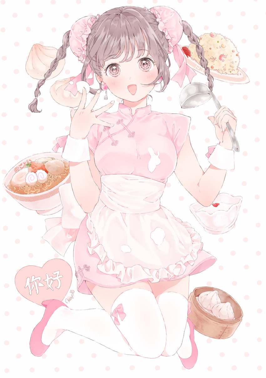 :d absurdres apron bad_id bad_pixiv_id bamboo_steamer bangs baozi braid brown_eyes brown_hair bun_cover china_dress chinese_clothes commentary_request double_bun dress earrings food food_on_clothes fork fried_rice hair_ribbon heart heart_earrings high_heels highres jewelry kamaboko knees_together_feet_apart ladle looking_at_viewer narutomaki noodles open_mouth original pink pink_dress polka_dot polka_dot_background ramen ribbon shizuko_(chipccchip) signature smile solo thighhighs twin_braids waist_apron white_legwear wrist_cuffs