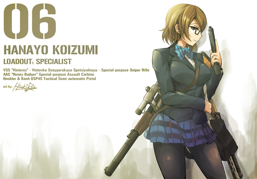 black_legwear blazer blue_bow blue_skirt bow bowtie brown_eyes brown_hair character_name earrings glasses gun h&amp;k_usp handgun heckler_&amp;_koch highres hiroki_ree holding holding_gun holding_weapon jacket jewelry koizumi_hanayo looking_at_viewer love_live! love_live!_school_idol_project number otonokizaka_school_uniform panties pleated_skirt rifle school_uniform short_hair signature skirt sniper_rifle solo striped striped_bow trigger_discipline underwear vss_vintorez weapon