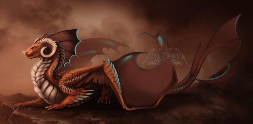 2018 ambiguous_gender ashesdrawn blue_eyes claws curved_horn day detailed_background digital_media_(artwork) dragon fantasy feral hi_res horn membranous_wings outside red_scales scales scalie solo western_dragon wings