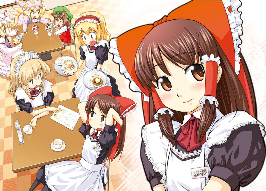 alice_margatroid alternate_costume animal_ears apron blonde_hair blush bow braid brown_hair cat_ears cat_tail chen cherry cup enmaided face food fox_tail fruit hair_bow hair_ribbon hakurei_reimu hat ice_cream kirisame_marisa maid maid_headdress multiple_girls multiple_tails ribbon spoon tail tea teacup touhou waitress yakumo_ran yakumo_yukari yamazaki_mitsuru