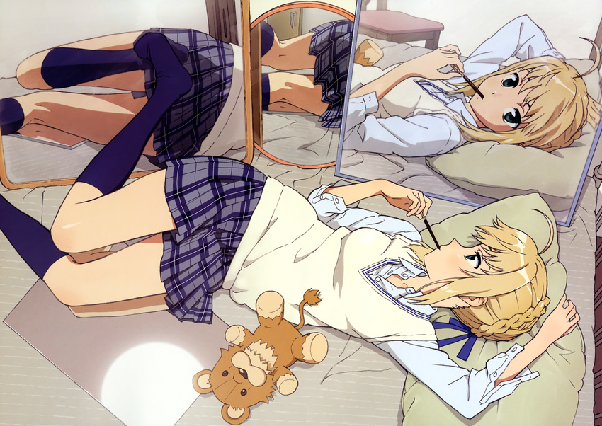 absurdres ahoge artoria_pendragon_(all) bed blonde_hair blue_legwear fate/stay_night fate_(series) food highres hiramatsu_tadashi kneehighs lying mirror on_back on_bed pillow pleated_skirt pocky reflection saber scan school_uniform skirt socks solo stuffed_animal stuffed_lion stuffed_toy sweater_vest