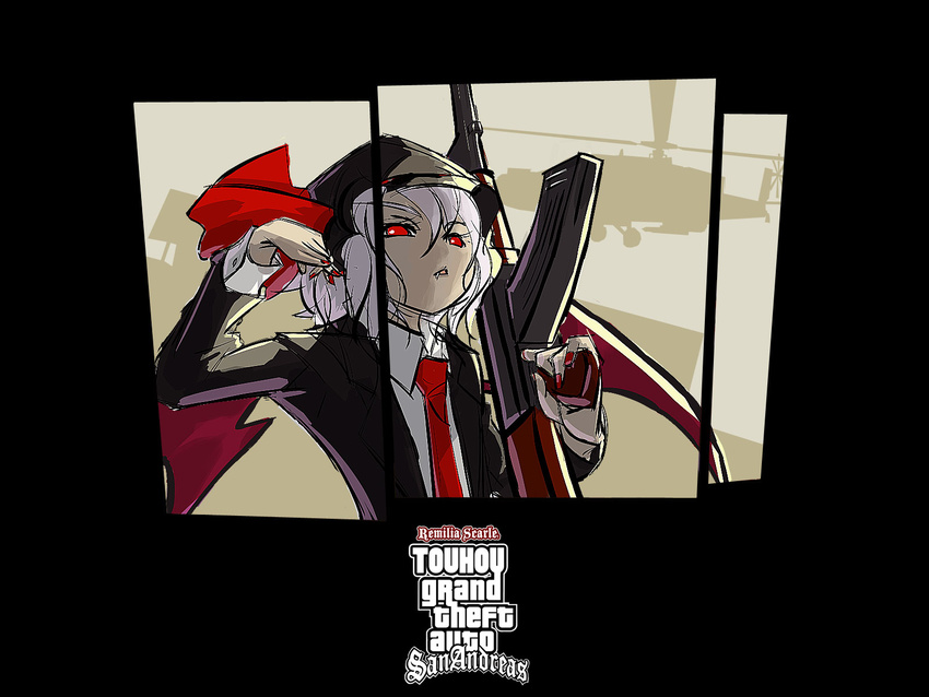 assault_rifle blue_hair grand_theft_auto grand_theft_auto:_san_andreas gun hat highres left-handed masayoshi_toro parody red_eyes remilia_scarlet rifle solo touhou weapon wings