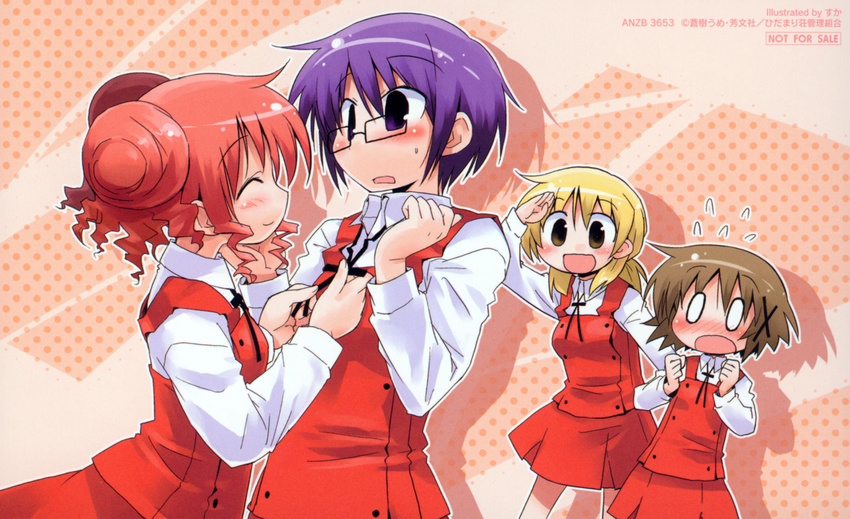 4girls absurdres artist_request blonde_hair blush brown_eyes brown_hair bust double_bun eyes_closed female flying_sweatdrops glasses halftone halftone_background hidamari_sketch highres hiro miyako multiple_girls o_o official_art open_mouth purple_eyes purple_hair red_hair sae school_uniform shadow short_hair smile suka sweatdrop upper_body watermark yuno