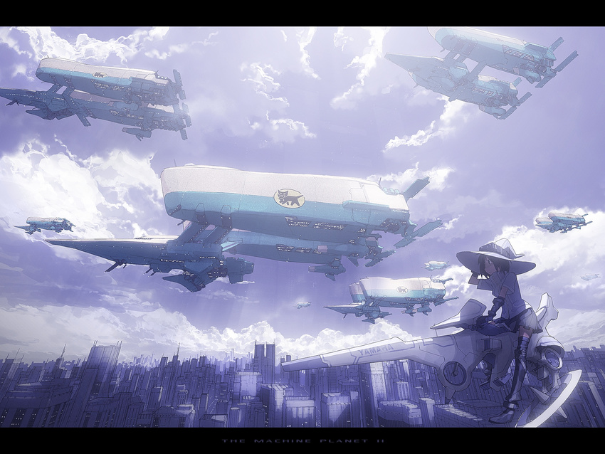 aircraft brown_hair city cityscape cloud dirigible hat highres hover_bike letterboxed mecha original riding scenery science_fiction short_hair skirt sky skyline solo space_craft the_machine_planet tsukuba_masahiro witch_hat yamaha yamato_transport