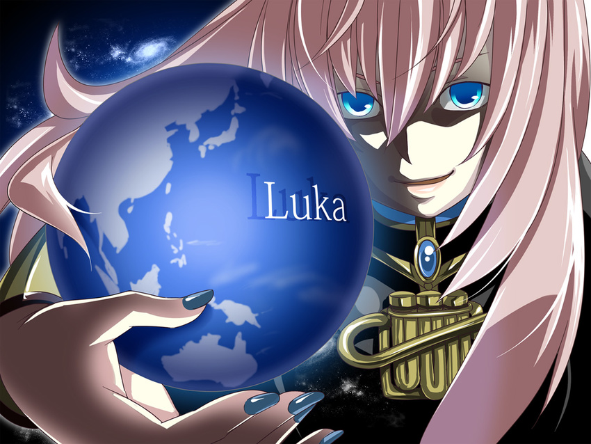 aqua_eyes blue_nails caffein character_name earth galaxy long_hair megurine_luka nail_polish pink_hair solo space vocaloid wallpaper