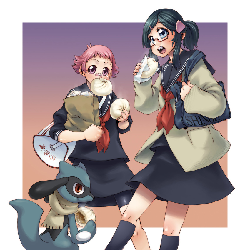 bandaid baozi bike_shorts blue_eyes blue_hair eating food gen_4_pokemon glasses gym_leader highres hikari_(pokemon) multiple_girls pink_eyes pink_hair pokemon pokemon_(creature) pokemon_(game) pokemon_dppt riolu school_uniform sumomo_(pokemon) takanashi_ringo