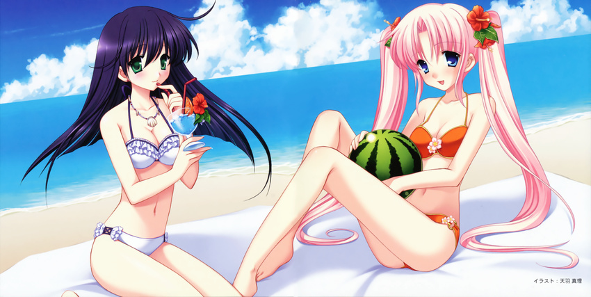 amou_mari barefoot beach bikini blanket blue_eyes blue_hair blush breasts cleavage cloud cocktail copyright_request day flower food frills fruit green_eyes hair_flower hair_ornament hibiscus highres jewelry long_hair medium_breasts multiple_girls necklace outdoors pink_hair sky swimsuit tropical_drink twintails very_long_hair watermelon