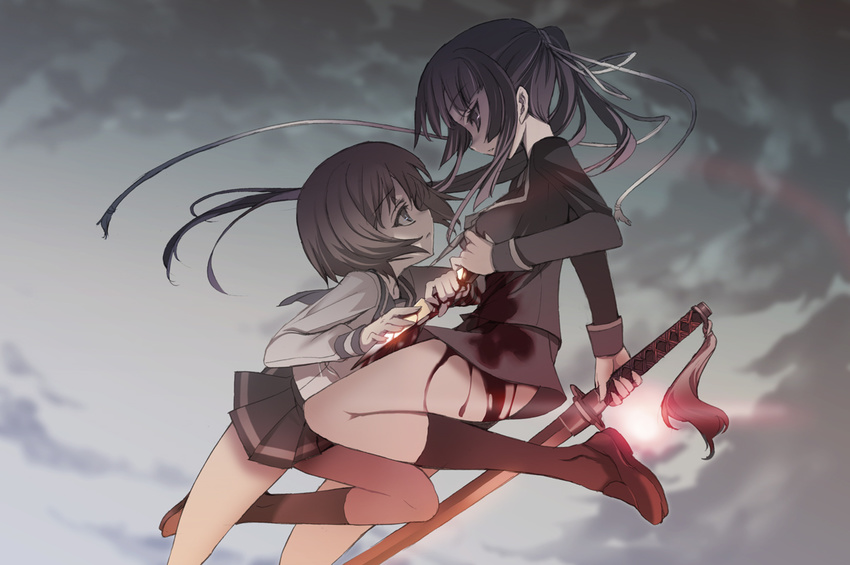 bad_id bad_pixiv_id black_hair blade blade_(galaxist) blood brown_hair ga-rei ga-rei_zero isayama_yomi katana kneehighs long_hair multiple_girls ponytail school_uniform serafuku short_hair skirt socks sword tsuchimiya_kagura weapon