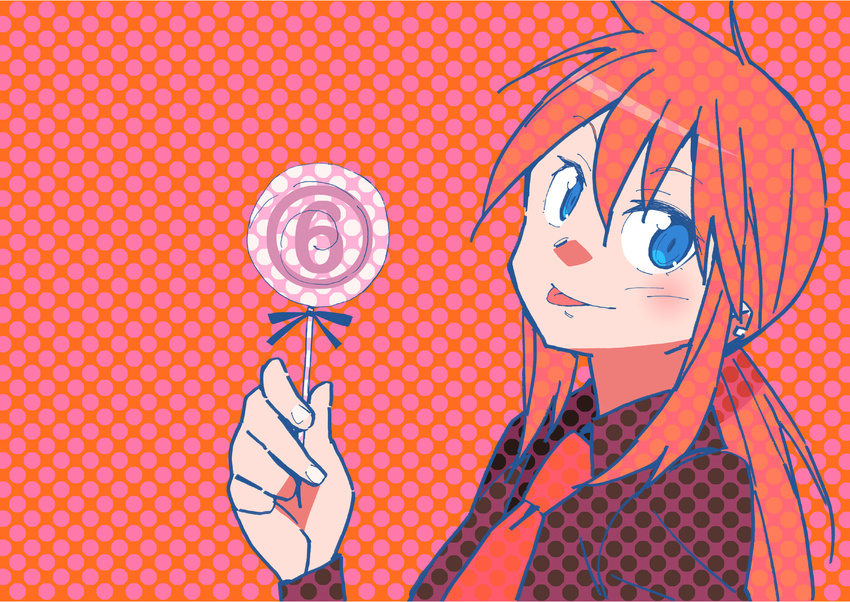 :p bad_id bad_pixiv_id blue_eyes candy food highres hyakko kageyama_torako katou_haruaki lollipop long_hair official_art orange_hair shaped_lollipop solo tongue tongue_out wallpaper