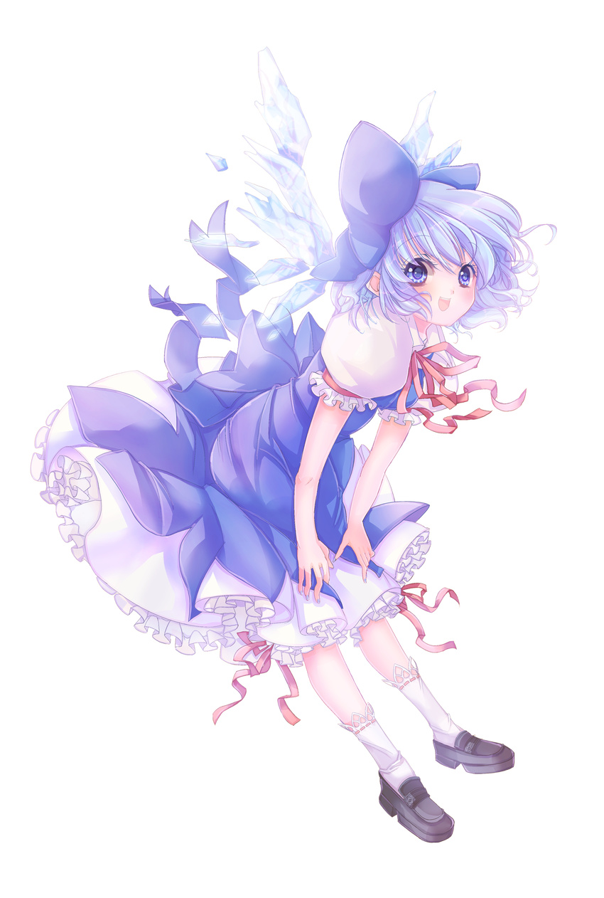 blue_hair bow cirno dress full_body hair_bow hands_on_own_knees highres open_mouth short_hair smile solo touhou transparent_background tsucaco