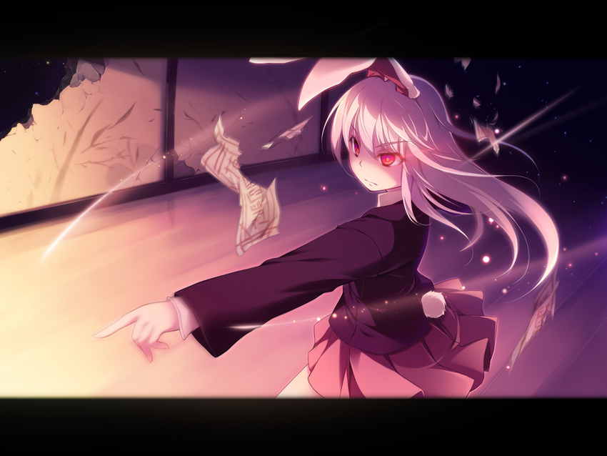 animal_ears battle bunny_ears bunny_tail damaged glaring glowing glowing_eyes highres kazakura letterboxed long_hair ofuda outstretched_arm pointing purple_hair red_eyes reisen_udongein_inaba solo tail touhou wallpaper