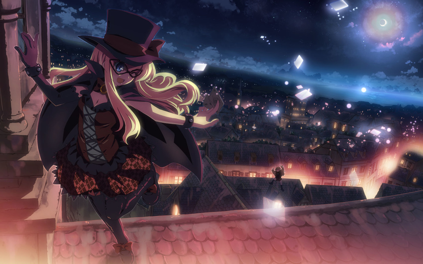 against_wall annoyed arms_up asymmetrical_clothes between_fingers blonde_hair blue_eyes bow bracelet cape card checkered cityscape cloud corset dj_max dj_max_portable elbow_gloves falling_card floating_card flying_paper frills gloves hat highres jewelry lace lights looking_back lupine mask moon multiple_girls night one_eye_closed paper plaid plaid_skirt ribbon rooftop shirley_house single_glove skirt sky standing standing_on_one_leg star_(sky) starry_sky thighhighs top_hat town wallpaper yuuki_tatsuya