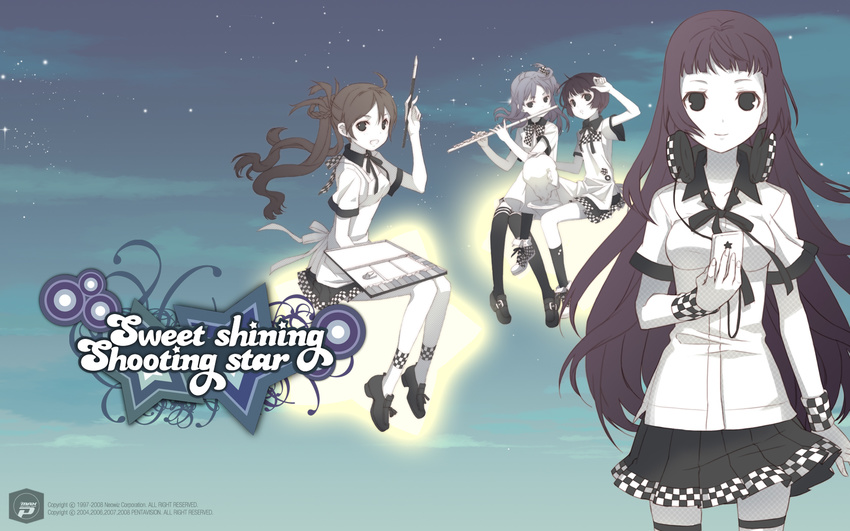 ahoge apron art_brush bangs black_vs_white blunt_bangs bob_cut bow braid cable checkered cloud digital_media_player dj_max dj_max_portable flute h2so4 hair_bobbles hair_ornament headphones headphones_around_neck highres instrument loafers long_hair multiple_girls night paint paintbrush palette ribbon school_uniform sculpture shoes short_hair skirt sneakers socks star statue sweet_shining_shooting_star_(dj_max_portable) thighhighs wallpaper wristband