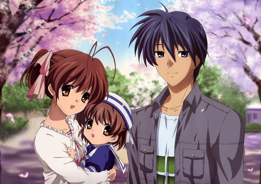 2girls cherry_blossoms clannad family furukawa_nagisa hat highres hikiyama_kayo husband_and_wife multiple_girls okazaki_tomoya okazaki_ushio