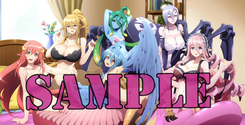 6girls blonde_hair blue_eyes blue_hair bra breasts centaur centorea_shianus cleavage extra_eyes harpy lamia large_breasts long_hair mermaid meroune_lorelei miia_(monster_musume) monster_girl monster_musume_no_iru_nichijou papi_(monster_musume) pink_hair rachnera_arachnera red_eyes red_hair sample short_hair slime smile spider_girl suu_(monster_musume)