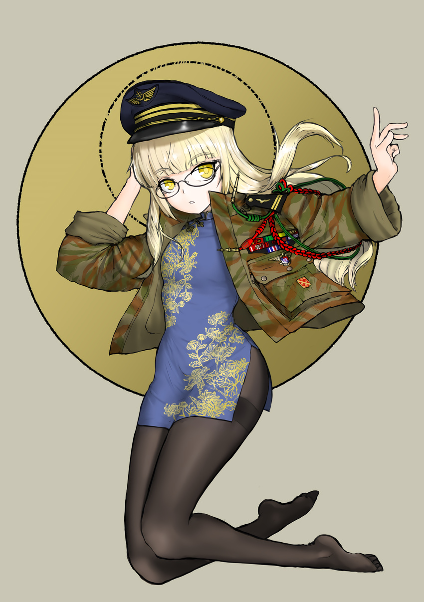 1girl blonde_hair cap chinese_clothes glasses long_hair military_uniform pantyhose perrine_h_clostermann qipao strike_witches yellow_eyes