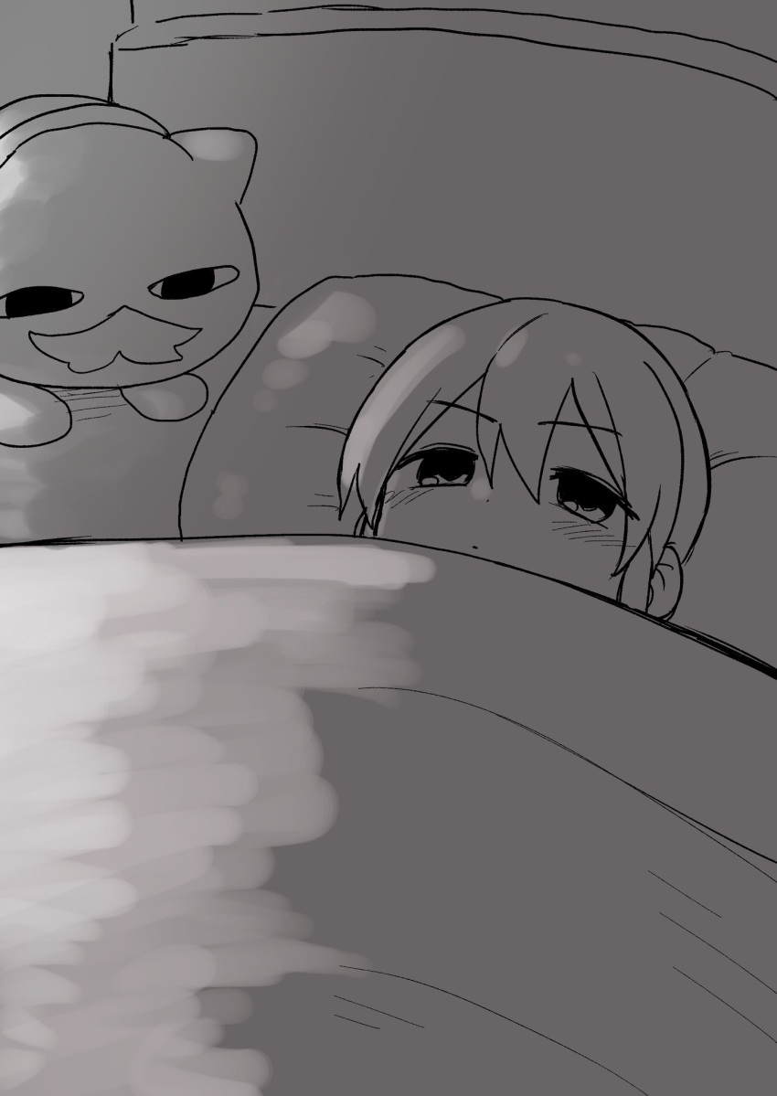 &lt;o&gt;_&lt;o&gt; 1girl bed bed_sheet bedroom blanket blush closed_mouth comforter eyebrows_visible_through_hair facial_hair greyscale hair_between_eyes highres igarashi_futaba_(shiromanta) indoors lying monochrome mustache on_back pillow senpai_ga_uzai_kouhai_no_hanashi shiromanta solo stuffed_animal stuffed_cat stuffed_toy under_covers