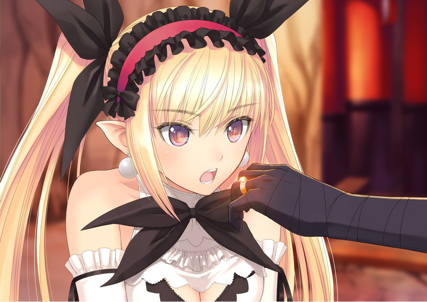 bandages bare_shoulders black_bow blade_arcus_from_shining blonde_hair blurry blurry_background bow breasts cleavage diamond dress earrings ears elbow_gloves eyebrows eyebrows_visible_through_hair eyes eyes_visible_through_hair fingers frilled_dress frilled_sleeves frills fringe_trim gloves glowing hair_between_eyes hair_bow hairband highres indoors jewelry long_hair looking_at_hand medium_breasts mistral_nereis open_eyes open_mouth outstretched_arm outstretched_hand pearl pearl_earrings pointy_ears purple_eyes red_hairband ribbon ring shining_(series) shining_hearts solo_focus staring surprised tanaka_takayuki teeth tongue twintails upper_body