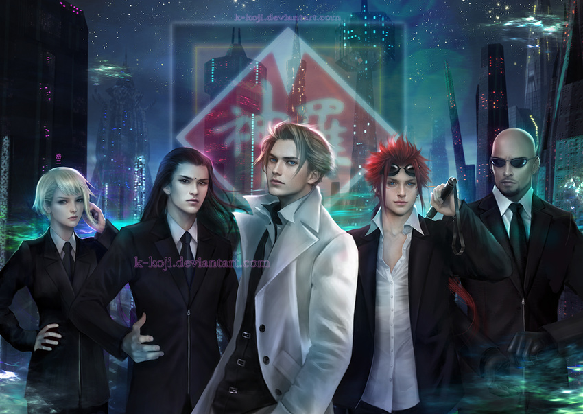 4boys bald black_hair blonde_hair city coat elena_(ff7) eyewear_on_head final_fantasy final_fantasy_vii formal k-koji looking_at_viewer multiple_boys necktie open_collar red_hair reno rude rufus_shinra suit sunglasses tonfa tseng turks weapon