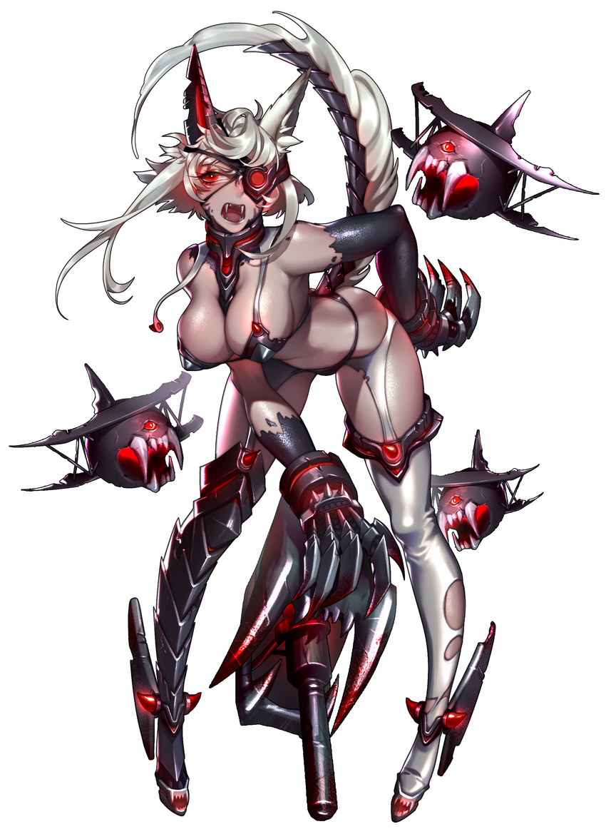 absurdres animal_ears armor armored_boots battleship_girl bent_over between_breasts black_bra black_footwear black_panties black_skin boots bra breasts claw_(weapon) dark_skin eyelashes eyepatch facial_mark fangs full_body garter_straps glowing glowing_eyes highres horn large_breasts legs_apart looking_at_viewer looking_to_the_side one_eye_covered open_mouth panties panties_over_garter_belt quuni red_eyes shade shinkaisei-kan short_hair short_hair_with_long_locks sidelocks silver_hair single_thighhigh solo standing stomach tail thighhighs torn_clothes torn_legwear unbuckled underwear weapon white_background white_legwear