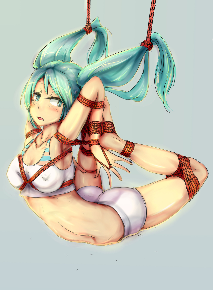 absurdres aqua_eyes aqua_hair ass barefoot bdsm bike_shorts blush bondage bound breasts can_feng_da_bai_ying cleavage collarbone flexible full_body hatsune_miku highres hogtie jitome long_hair medium_breasts navel open_mouth rope shorts sketch solo sports_bra tank_top twintails vocaloid white_shorts