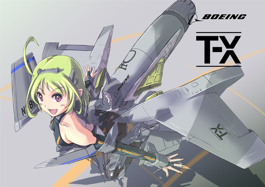 bodysuit boeing cowboy_shot flying gloves green_hair highres looking_at_viewer mecha_musume military nenchi personification purple_eyes solo t-x_chan