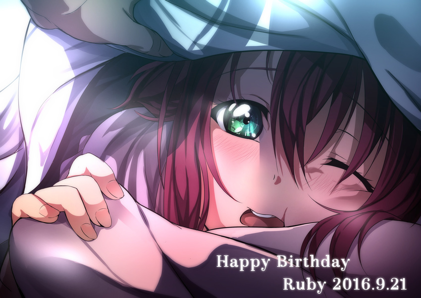 absurdres bangs blanket blush dated eye_reflection green_eyes happy_birthday highres kurosawa_dia kurosawa_ruby looking_at_viewer love_live! love_live!_sunshine!! one_eye_closed out_of_frame red_hair reflection sleepy solo_focus twintails two_side_up yuuki_(nijiiro_palette)