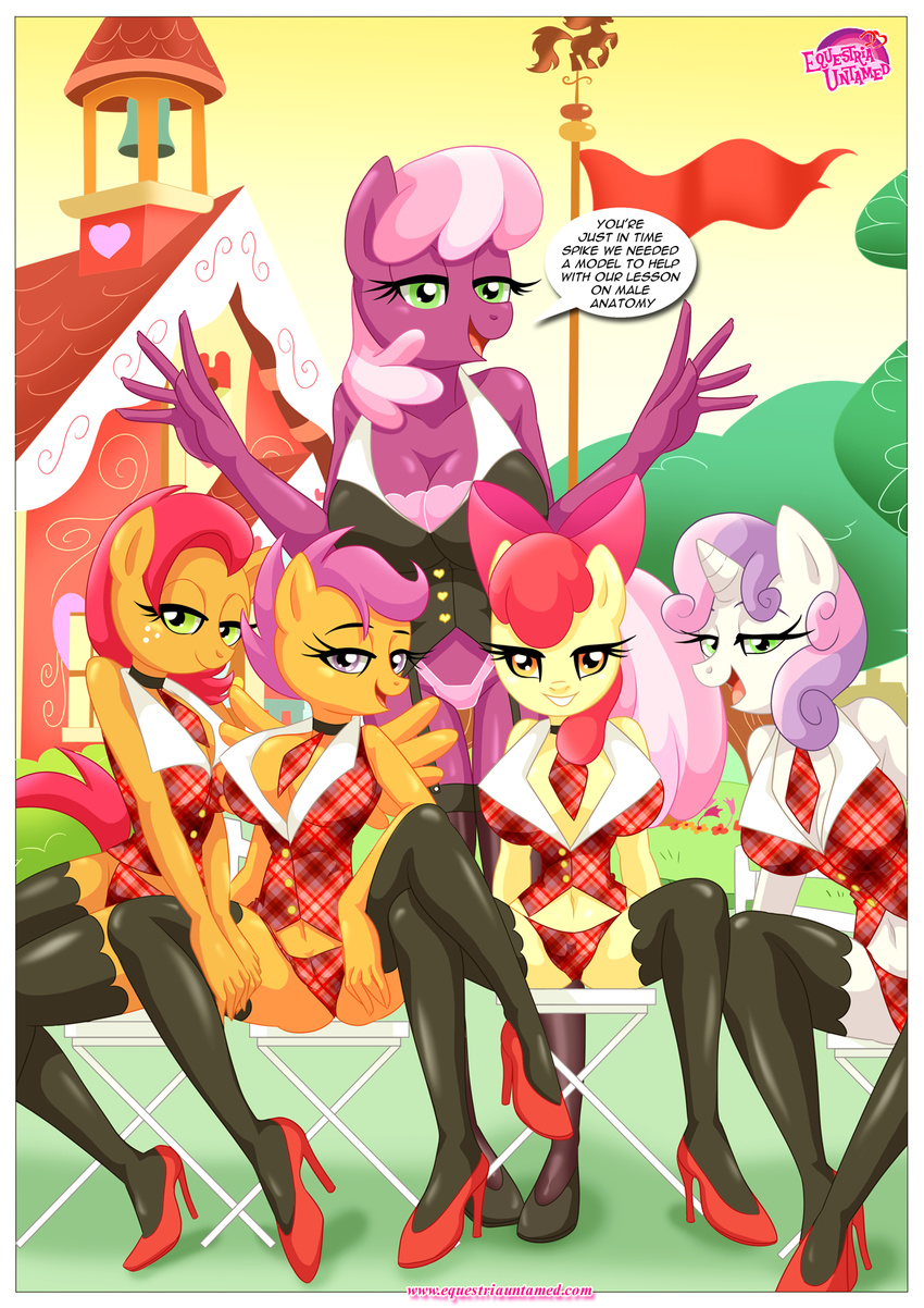 anthro apple_bloom_(mlp) babs_seed_(mlp) bbmbbf big_breasts breasts cheerilee_(mlp) cleavage clothed clothing cutie_mark_crusaders_(mlp) dialogue earth_pony english_text equine feathered_wings feathers female freckles friendship_is_magic green_eyes group hair horn horse long_hair mammal multicolored_hair my_little_pony pegasus pony presenting purple_eyes purple_hair red_hair scootaloo_(mlp) short_hair skimpy spread_legs spreading sweetie_belle_(mlp) text unicorn wings yellow_eyes young