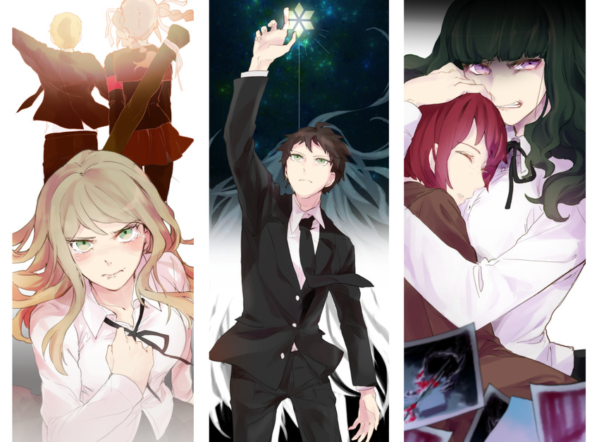 4girls back black_hair blonde_hair blush braid brown_hair chiyo_(min0yoko) closed_eyes crying crying_with_eyes_open danganronpa danganronpa_3 formal green_eyes hinata_hajime hug kamukura_izuru kibougamine_gakuen_school_uniform koizumi_mahiru kuzuryuu_fuyuhiko kuzuryuu_natsumi long_hair multiple_boys multiple_girls pekoyama_peko photo_(object) purple_eyes red_hair satou_(danganronpa) school_uniform short_hair silver_hair spoilers suit tears twin_braids