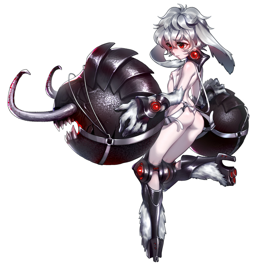 animal_ears ass back bangs battleship_girl belt_buckle black_footwear breasts buckle closed_mouth covered_nipples eyebrows eyebrows_visible_through_hair full_body fur glowing glowing_eyes grey_hair hair_between_eyes high_heels highres hooves looking_at_viewer quuni red_eyes revealing_clothes shinkaisei-kan shoes short_hair silver_hair simple_background small_breasts solo sphere standing standing_on_one_leg strap_gap thong underboob white_background