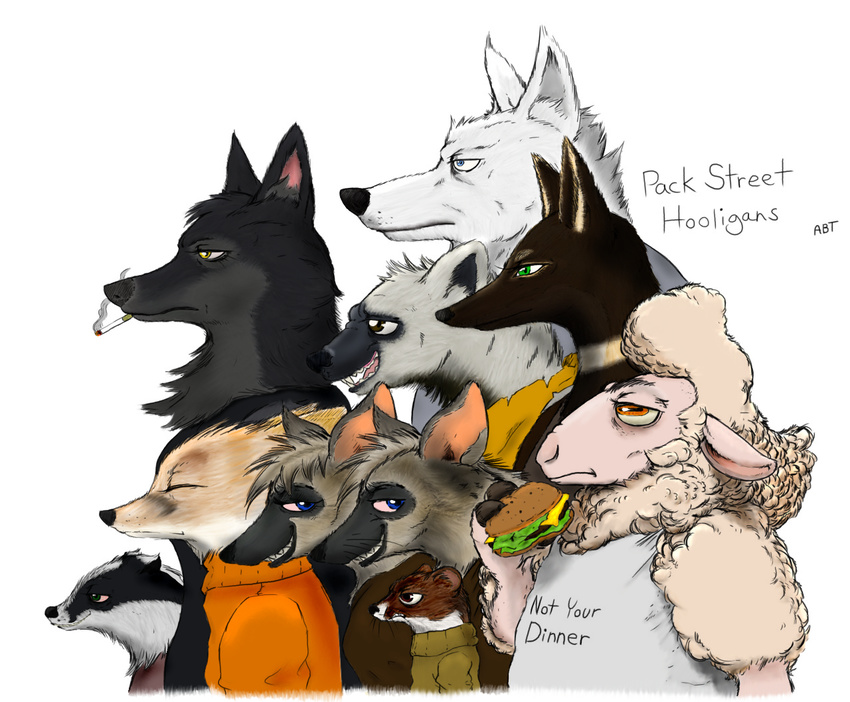 2016 aardwolf adam_bryce_thomas al_(weaver) ambiguous_gender anneke_(weaver) anthro avo_(weaver) badger betty_(weaver) bread burger canine caprine charlie_(weaver) cheese cigarette clothed clothing colored digital_drawing_(artwork) digital_media_(artwork) disney egyptian_wolf english_text ermine eyes_closed fan_character female food fox frown fur group hair hyena invalid_color laugh lettuce male mammal marty_(weaver) meat mustelid open_mouth ozzy_(weaver) pack_street portrait remmy_cormo retsofnoraa sheep sibling simple_background smile smoke smoking standing striped_hyena t_rex_(weaver) teeth text tongue twins white_background wolf wolter_(weaver) zootopia