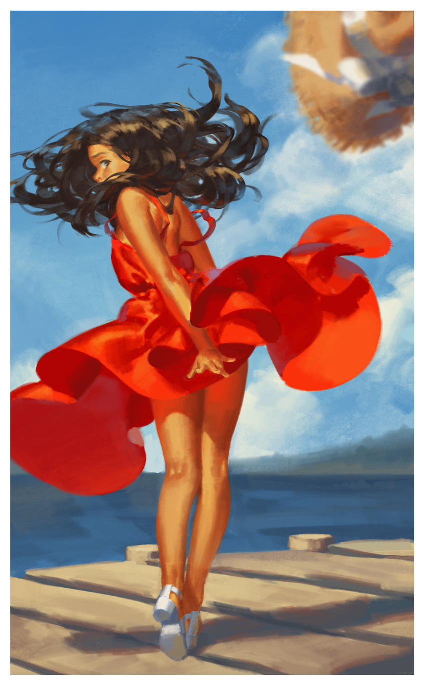 blurry bow brown_eyes brown_hair cloud dark_skin day depth_of_field dock dress hair_blowing hat hat_bow hat_loss high_heels highres kneepits legs long_hair looking_back ocean original pachyphytum red_dress shoes shore sky solo strappy_heels sun_hat sundress white_bow white_footwear wind