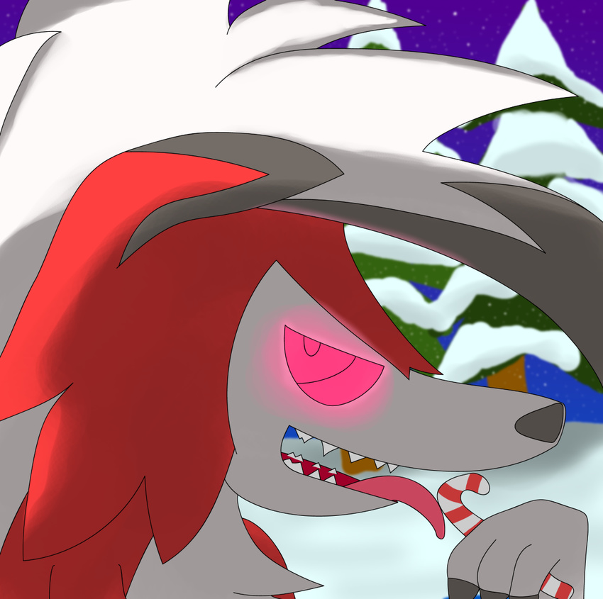 2016 abra_the_kadabra ambiguous_gender candy candy_cane canine claws feral food fur glowing glowing_eyes licking looking_at_viewer lycanroc mammal midnight_lycanroc multicolored_fur nintendo pok&eacute;mon sharp_teeth simple_background snow solo teeth tongue tongue_out tree video_games