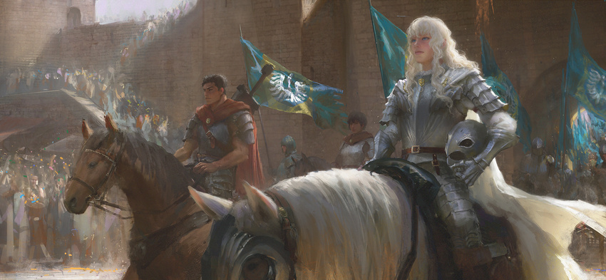 2boys armor barding berserk black_hair blue_eyes breastplate buckle cape carrying_under_arm casca confetti crowd curly_hair faulds flag gauntlets griffith guts headwear_removed helmet helmet_removed highres horse horseback_riding long_hair multiple_boys riding saddle shi_shihou short_hair shoulder_armor sidelocks spaulders sword weapon white_hair