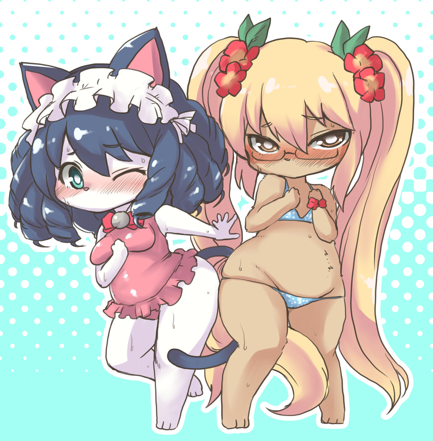 2girls bikini blue_eyes cat chibi cyan_(show_by_rock!!) dog furry glasses long_hair multiple_girls no_mouth retoree shinobe show_by_rock!! swimsuit twintails