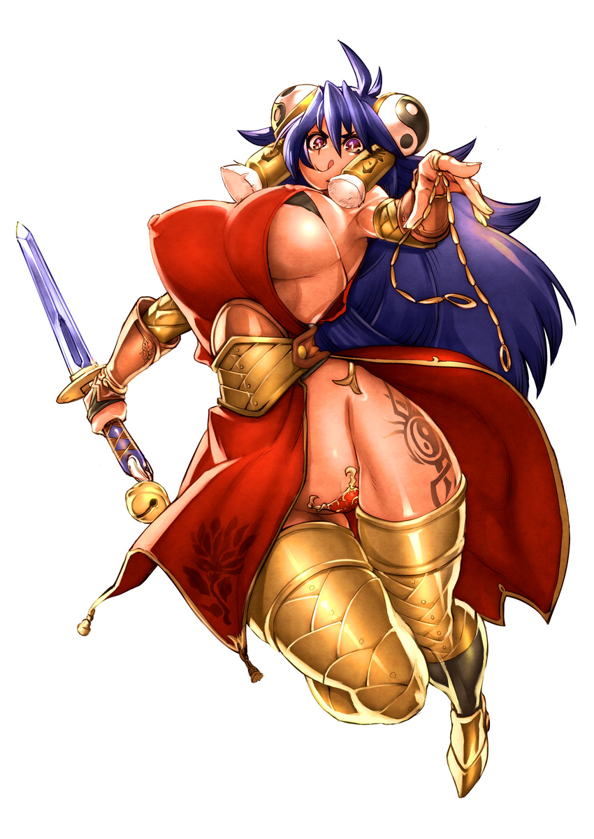 :q blue_hair breasts covered_nipples curvy highres hips konakona large_breasts long_hair looking_at_viewer original purple_eyes sideboob simple_background smile solo sword thighs tongue tongue_out weapon white_background wide_hips