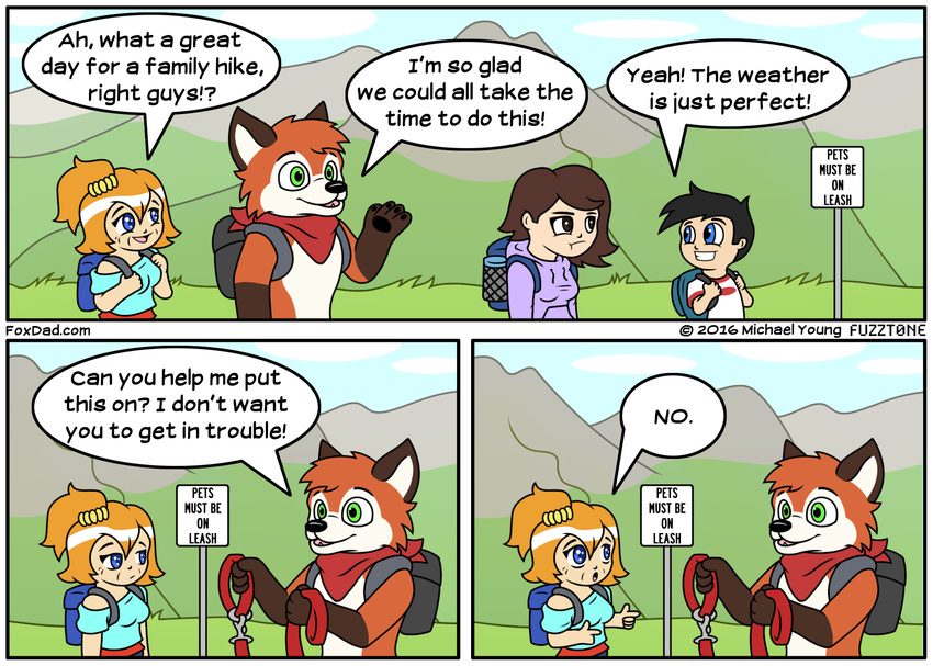 ! 2016 ? ?! blue_eyes brother brother_and_sister brown_eyes canine clothed clothing comic daughter english_text father father_and_daughter father_and_son female fox fully_clothed fur fursuit fuzzt0ne green_eyes group human humor leash male mammal mother mother_and_daughter mother_and_son open_mouth orange_fur outside parent scarf sibling sister son speech_bubble teeth text tongue white_fur young