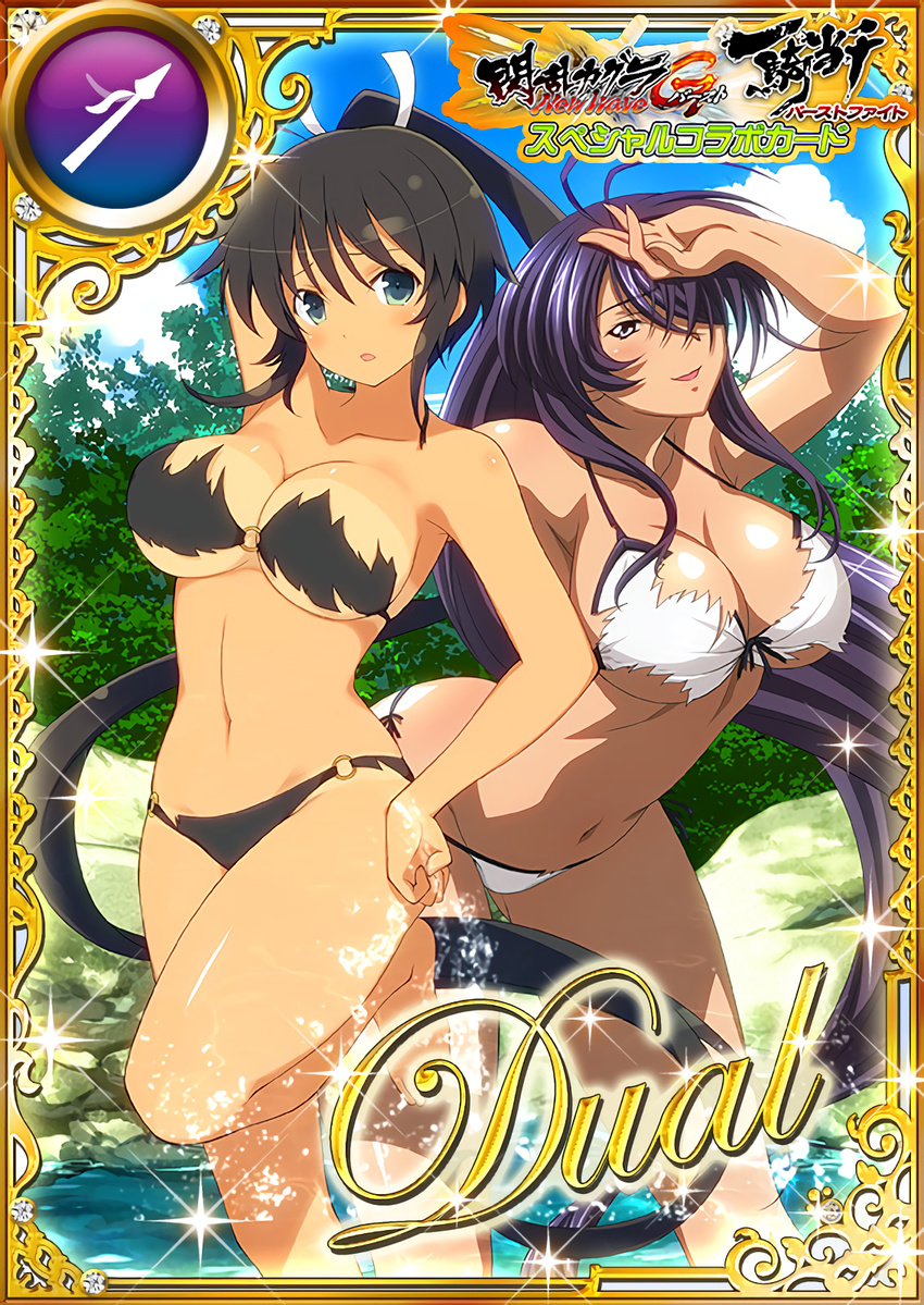 2girls blue_eyes breasts crossover dark_skin homura_(senran_kagura) ikkitousen kan'u_unchou large_breasts multiple_girls senran_kagura smile standing summer