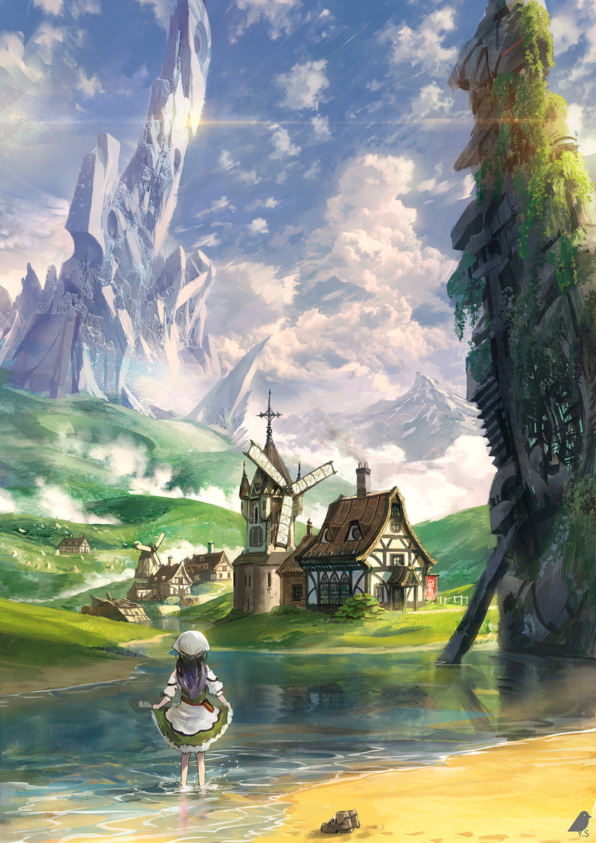 artist_name back barefoot building cloud cloudy_sky day detached_sleeves dress facing_away fantasy footprints from_behind half-timbered hat head_scarf highres house long_hair megastructure moss mountain original outdoors pond purple_hair reflection sand scenery shoes_removed skirt_hold sky solo splashing standing village wading white_hat windmill you_shimizu
