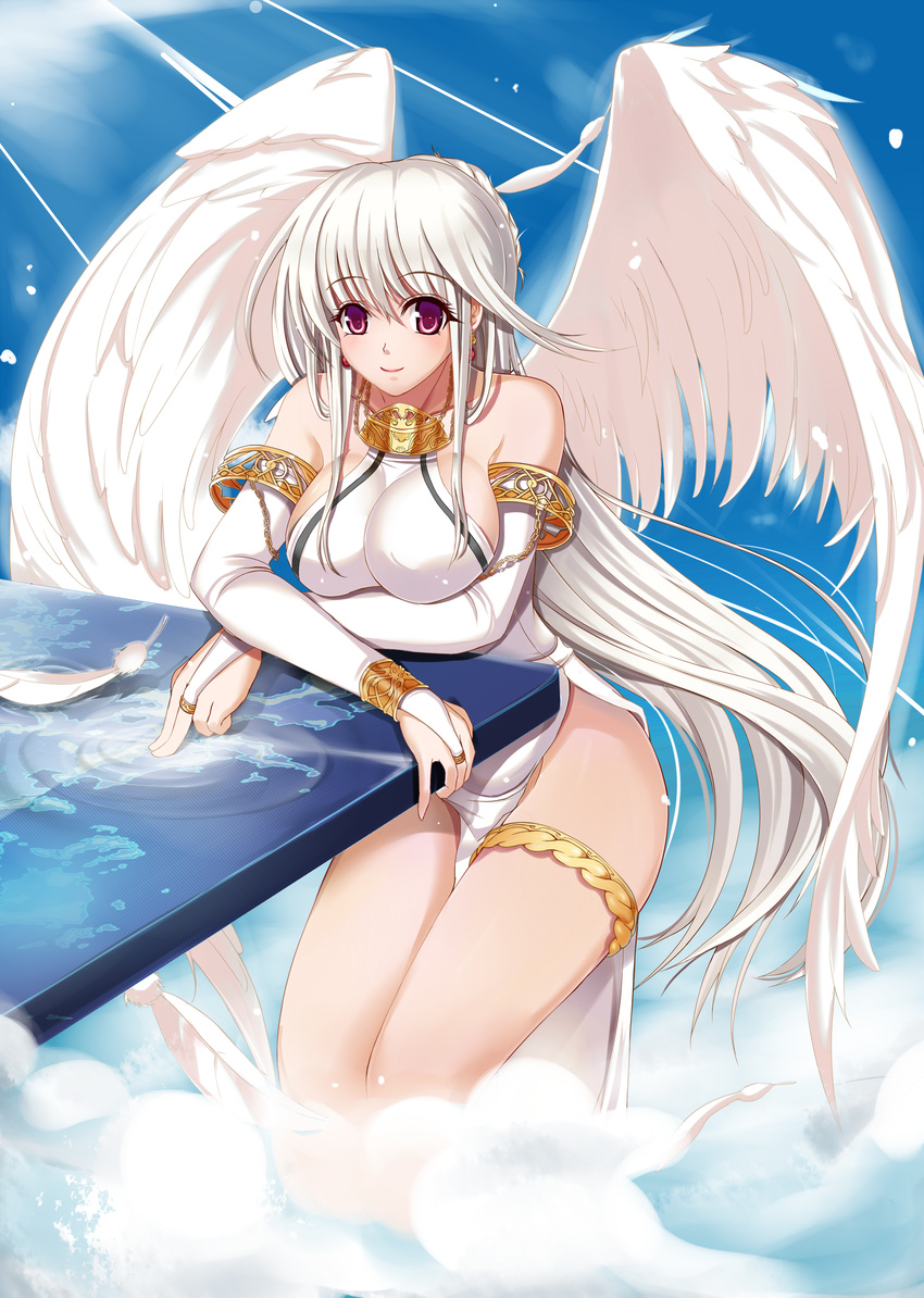 absurdres angel angel_wings blush breast_rest breasts earrings feathered_wings highres jewelry large_breasts long_hair looking_at_viewer original sakura_kaoru sideboob solo white_hair wings