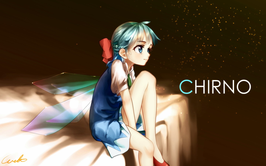 alternate_hairstyle aqua_hair artist_name bed bed_sheet blue_dress blue_eyes blue_hair bow braid character_name cirno closed_mouth dress expressionless fairy_wings french_braid gradient_hair hair_bow ice ice_wings knee_up legs light_particles long_legs looking_afar multicolored_hair on_bed red_footwear shoes short_dress short_hair sitting sitting_on_bed solo thighs touhou welt_(kinsei_koutenkyoku) wings