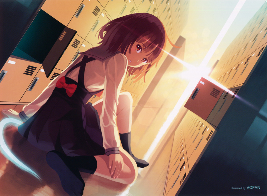 absurdres ahoge bakemonogatari brown_eyes brown_hair highres looking_at_viewer looking_back monogatari_(series) no_shoes official_art on_ground ribbon scan school_uniform sengoku_nadeko short_hair sitting_on_ground snake socks solo vofan