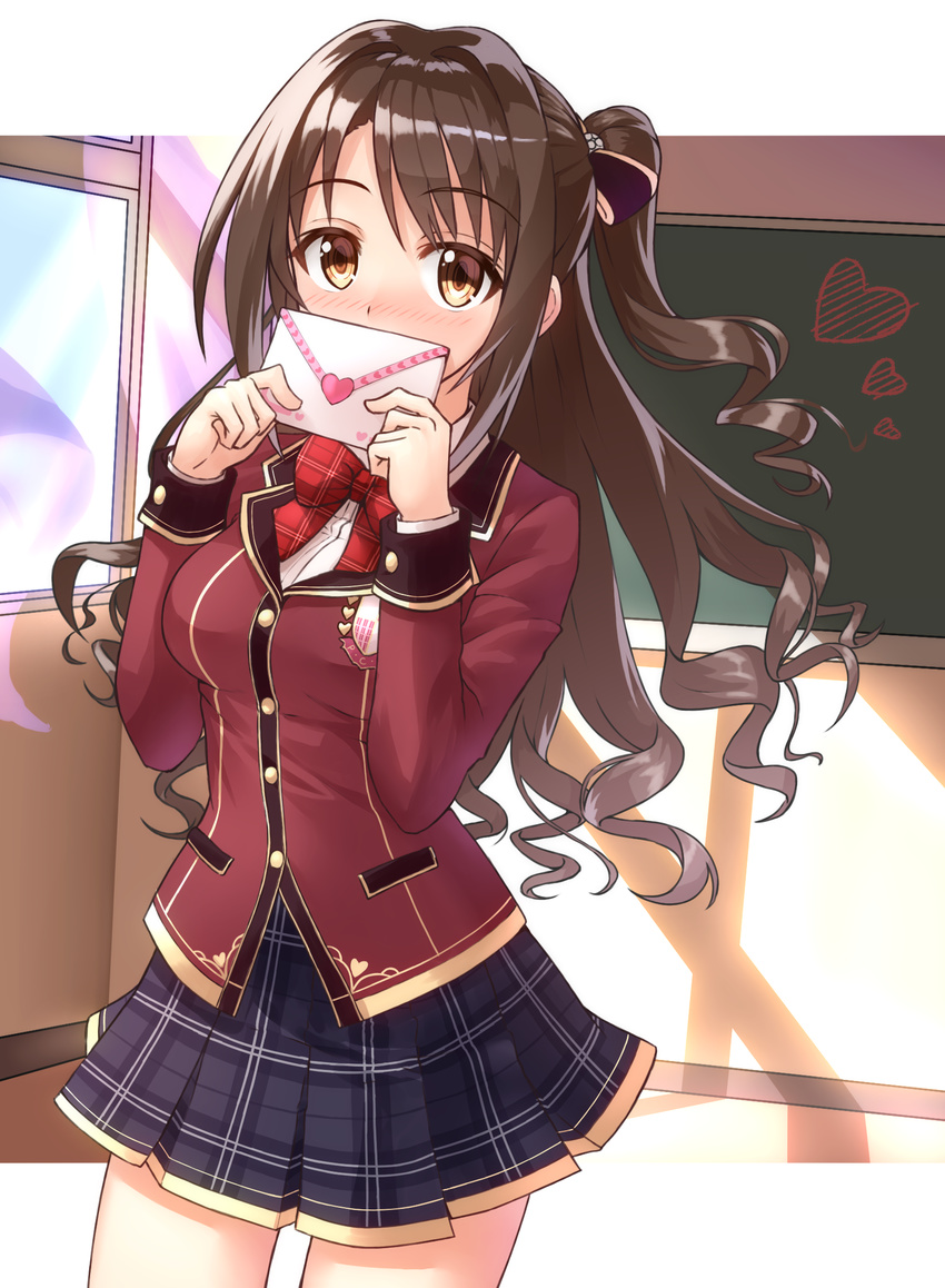 blush brown_eyes brown_hair chalkboard classroom covering_mouth curtains highres idolmaster idolmaster_cinderella_girls idolmaster_cinderella_girls_starlight_stage indoors letter long_hair looking_at_viewer love_letter love_letter_(idolmaster) one_side_up pink_check_school plaid plaid_neckwear plaid_skirt pleated_skirt school_uniform shimamura_uzuki shunichi skirt solo window