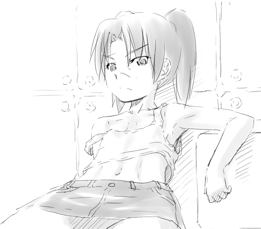 1girl ahashi amasawa_yuuko bare_shoulders dennou_coil female flat_chest leaning_back looking_at_viewer miniskirt monochrome navel skirt sleeveless solo tagme