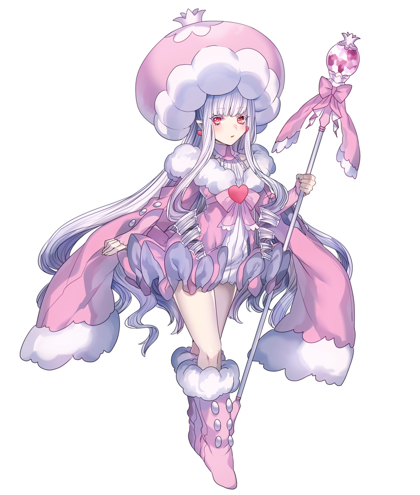 boots dress earrings gen_5_pokemon hat highres jellicent jewelry katagiri_hachigou knee_boots long_hair personification pink_dress pink_hair pointy_ears pokemon red_eyes short_dress solo staff very_long_hair weapon