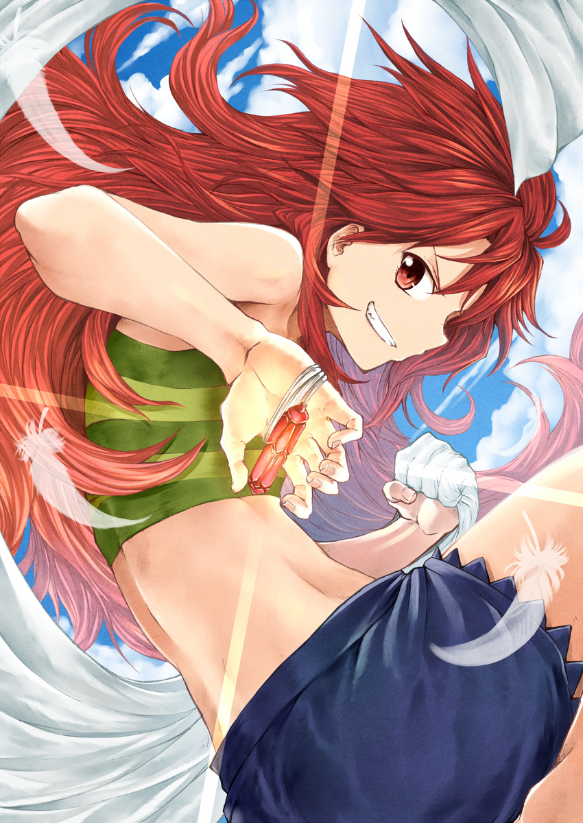 amou_kanade bangs bare_arms bare_shoulders barefoot blue_sky clenched_hand cloud crystal day denim denim_shorts feathers glowing green_shirt grin gungnir_(weapon) highres holding jewelry jewelry_removed judo_fuu long_hair looking_at_viewer looking_to_the_side midriff necklace necklace_removed pendant red_eyes red_hair senki_zesshou_symphogear shirt shorts sky sleeveless smile smirk solo spiked_hair striped striped_shirt symphogear_pendant wind